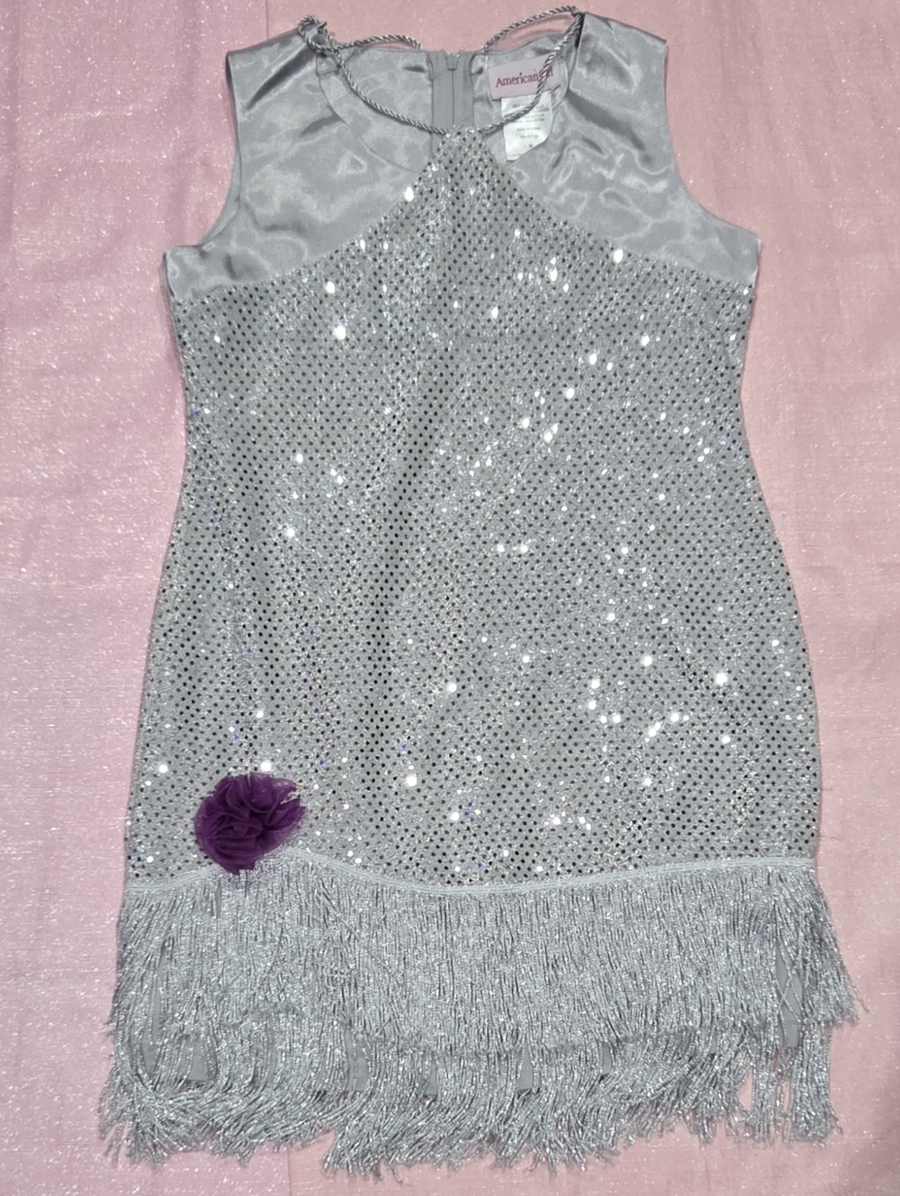 American Girl Silver Sequin Fringe Dress with Purple Flower